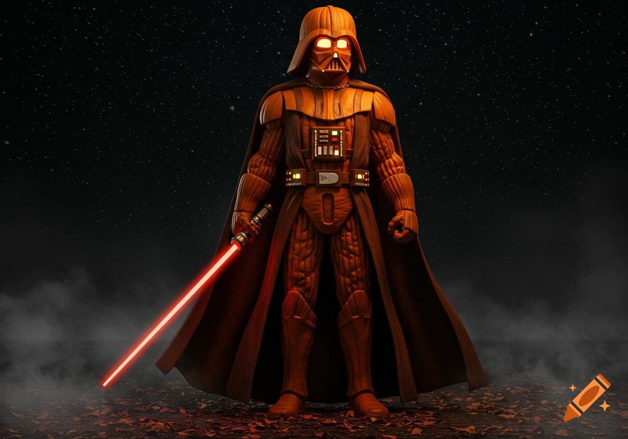 Darth Vader made of carved pumpkins with glowing orange eyes, holding a red lightsaber against a dark starry background.