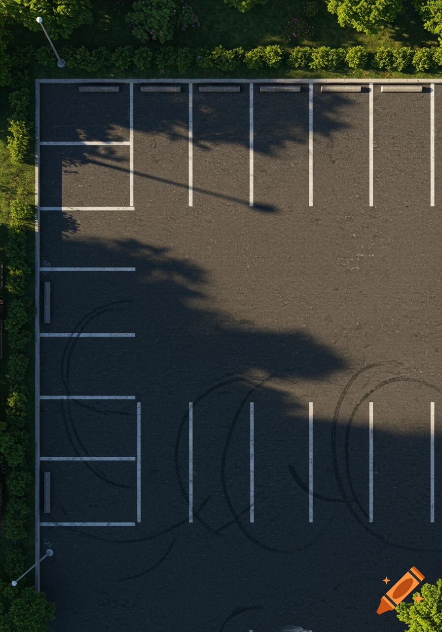 Aerial view of an empty asphalt parking lot with white parking lines, car stoppers, and green foliage around the perimeter.