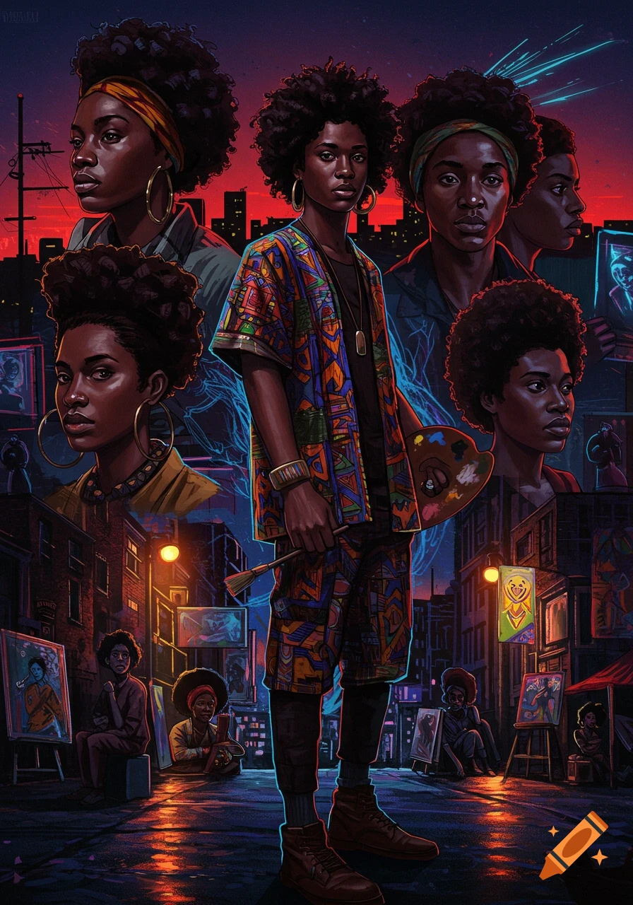 Collage of several Black individuals, including a central artist with a palette, in a vibrant, neon-lit urban street filled with art and cityscapes. Stylized digital art.