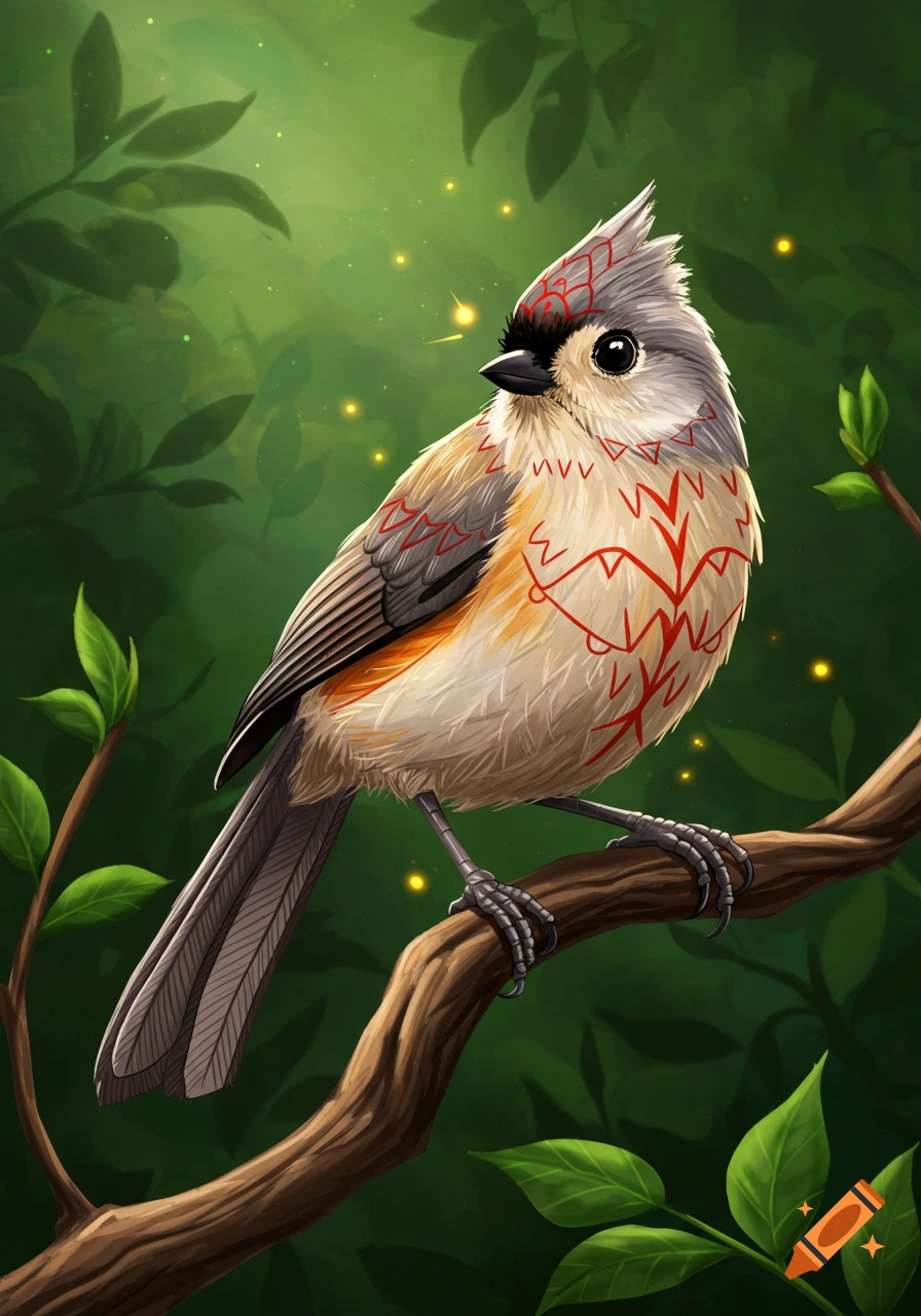 A detailed illustration of a titmouse with red tribal markings perched on a branch in a lush, green forest with sparkling lights.