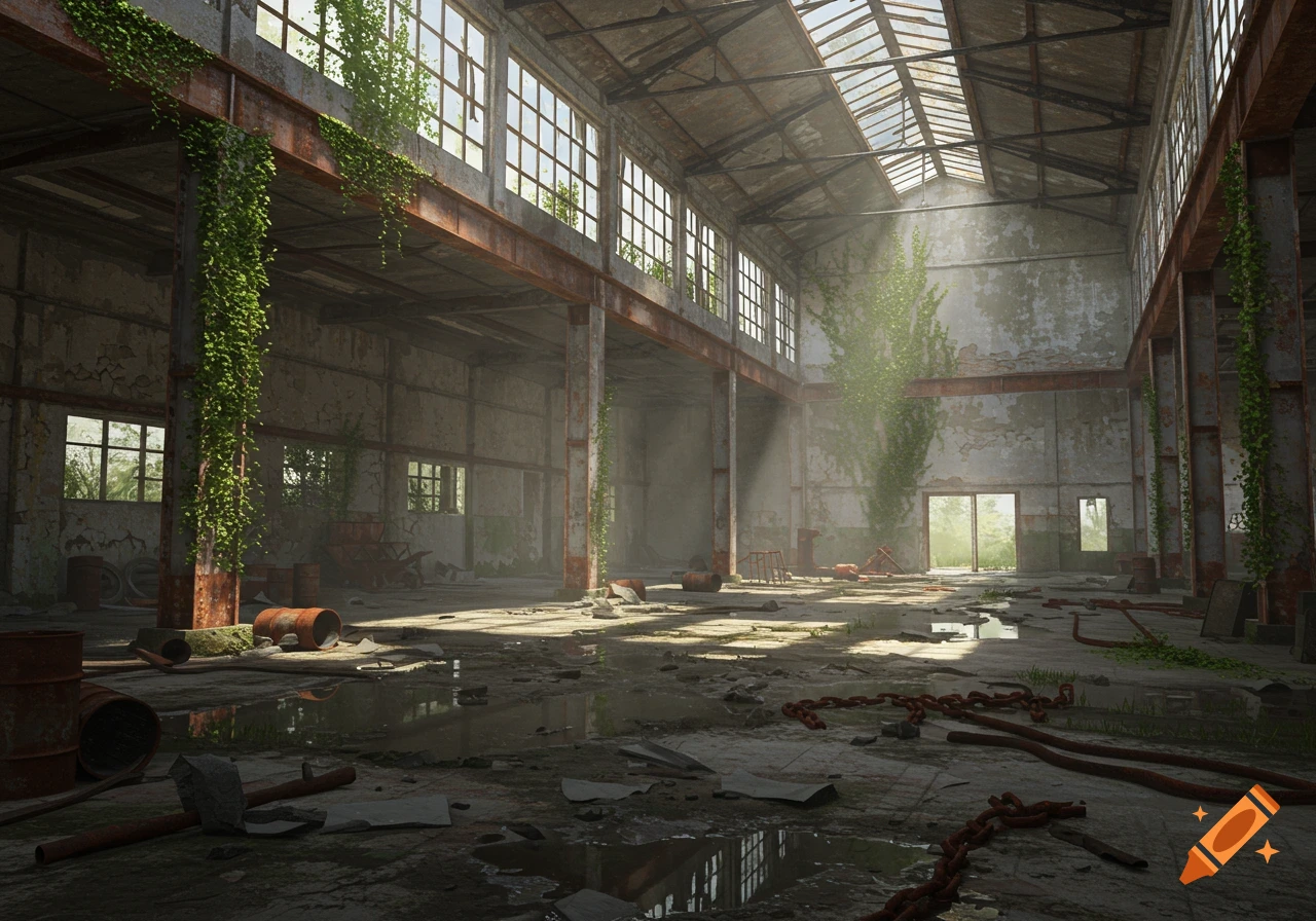 Photorealistic interior of a dilapidated, abandoned factory with sunlight streaming through large windows and vines growing on metal structures and walls.