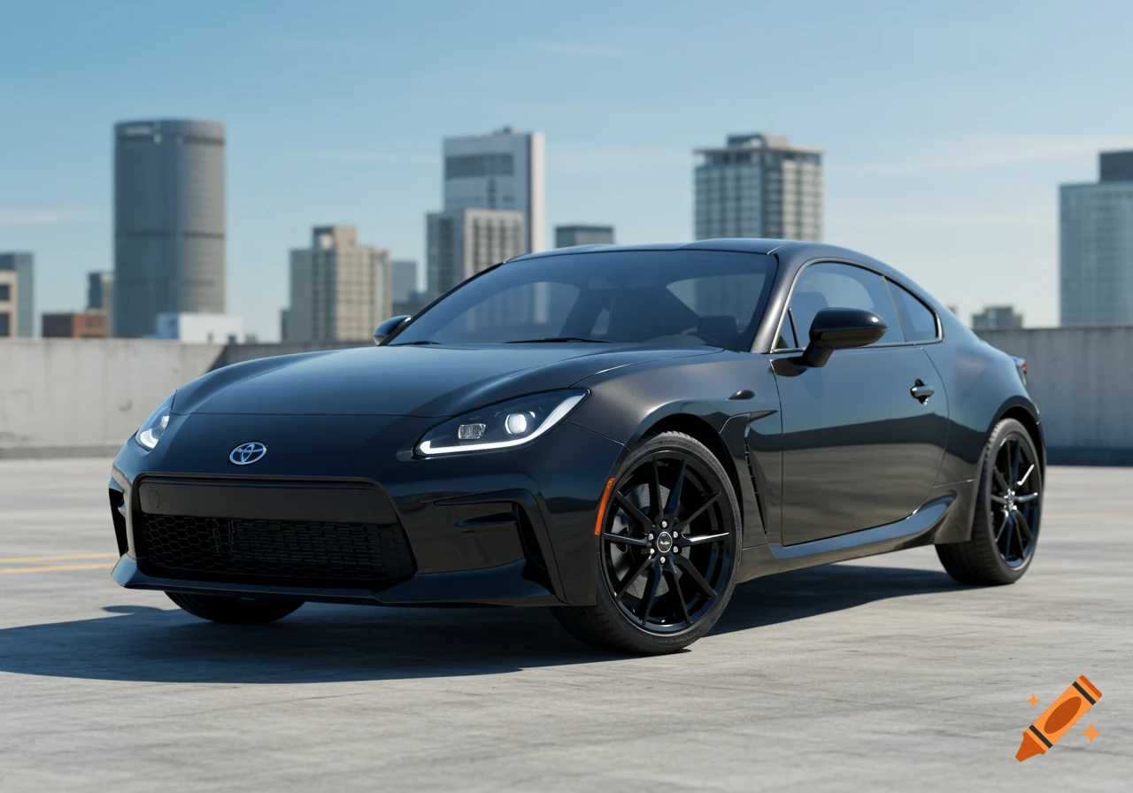 A black Toyota GR86 sports car parked on a concrete rooftop, with a city skyline in the background under a blue sky.