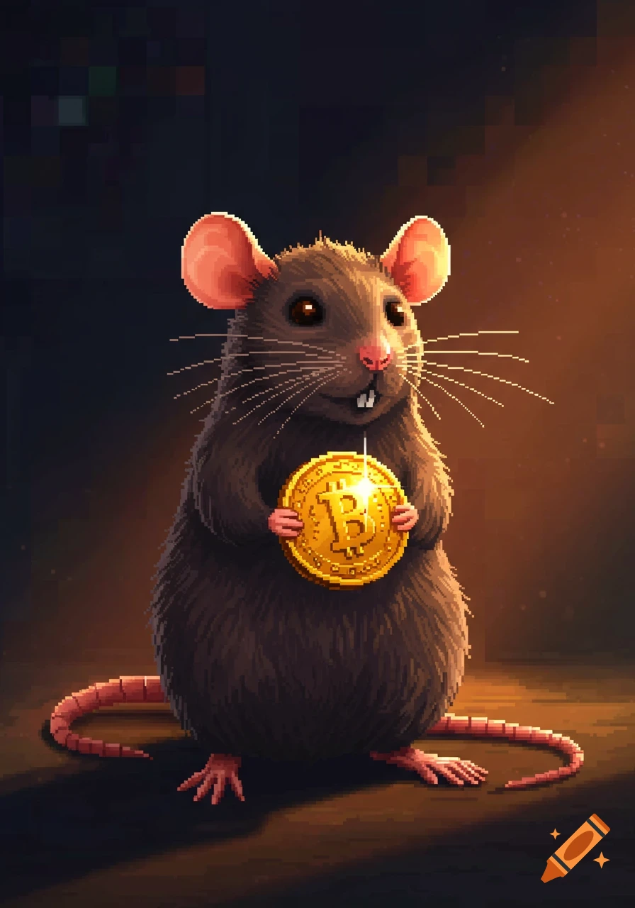 A pixel art rat with large ears and whiskers stands, holding a glowing gold coin with a Bitcoin symbol.