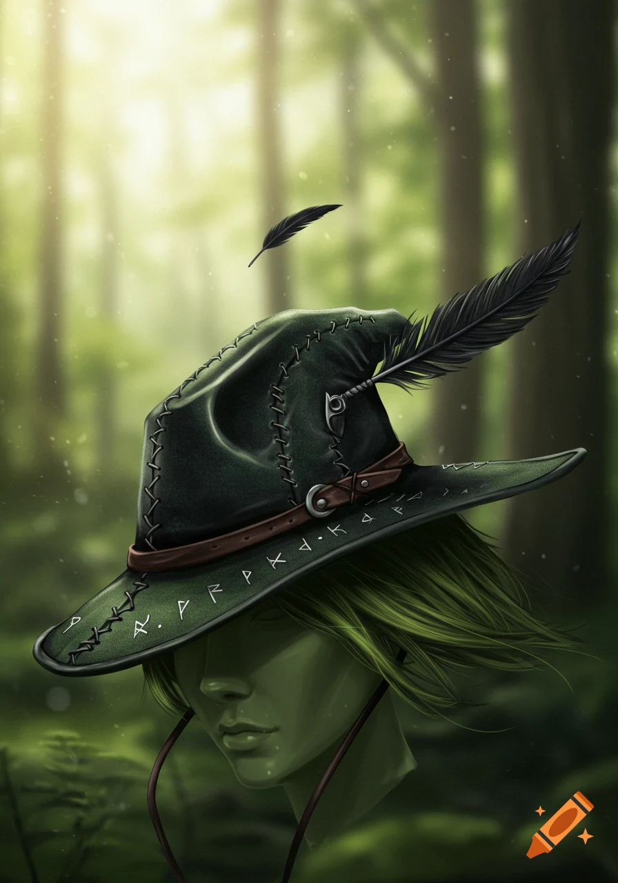 A close-up digital painting of a green elf's face partially hidden by a dark green hat with decorative runes, set in a forest.