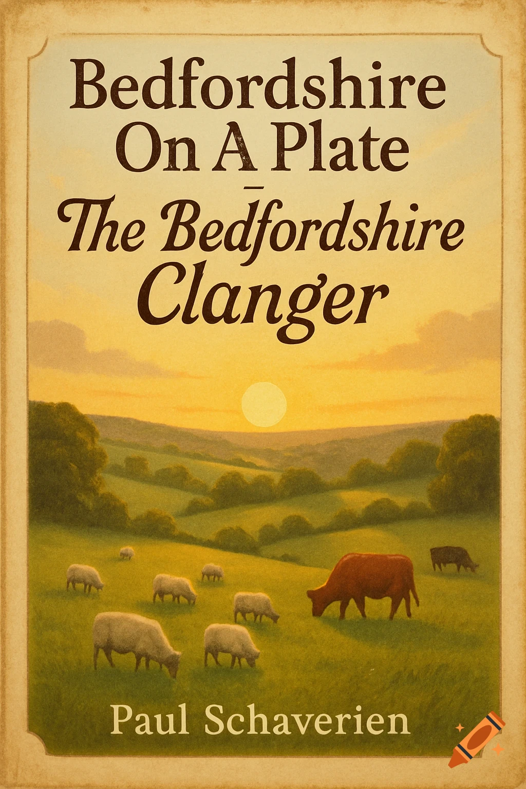 A rustic book cover for "Bedfordshire On A Plate: The Bedfordshire Clanger" depicting a countryside with grazing sheep and cattle at sunset.