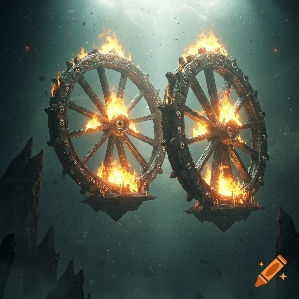 Two colossal, eye-covered wheels wreathed in holy fire float in a cosmic void, radiating light.