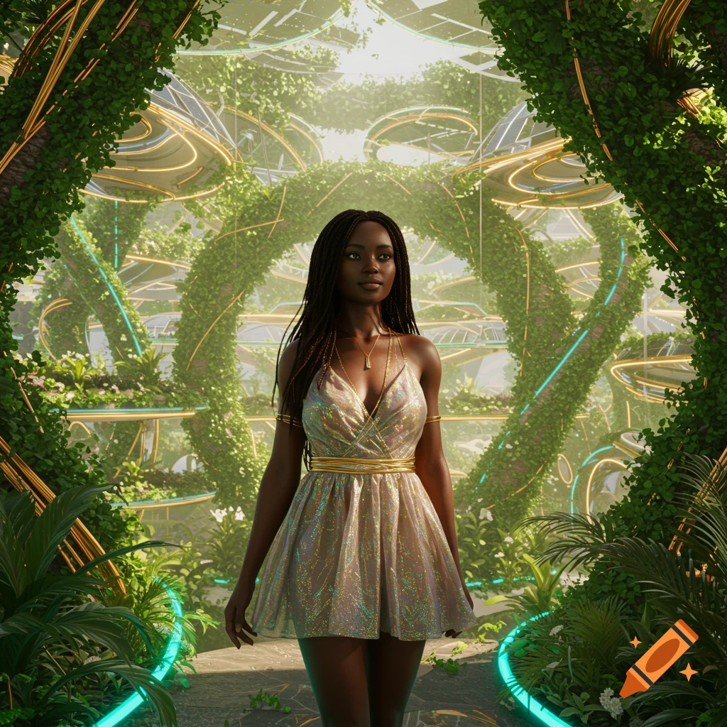 An African woman in a sparkly dress stands in a lush, futuristic solarpunk garden.