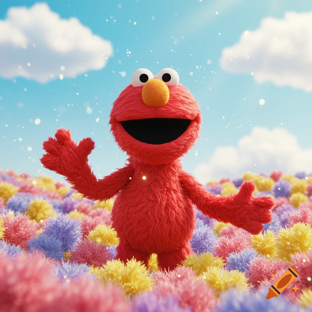 Elmo smiles with outstretched arms in a vibrant field of pink, purple, and yellow pom-pom plants under a blue sky.