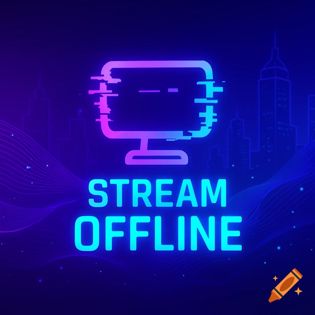 Neon blue and pink glitched monitor icon above 'STREAM OFFLINE' text, with a futuristic city silhouette background.