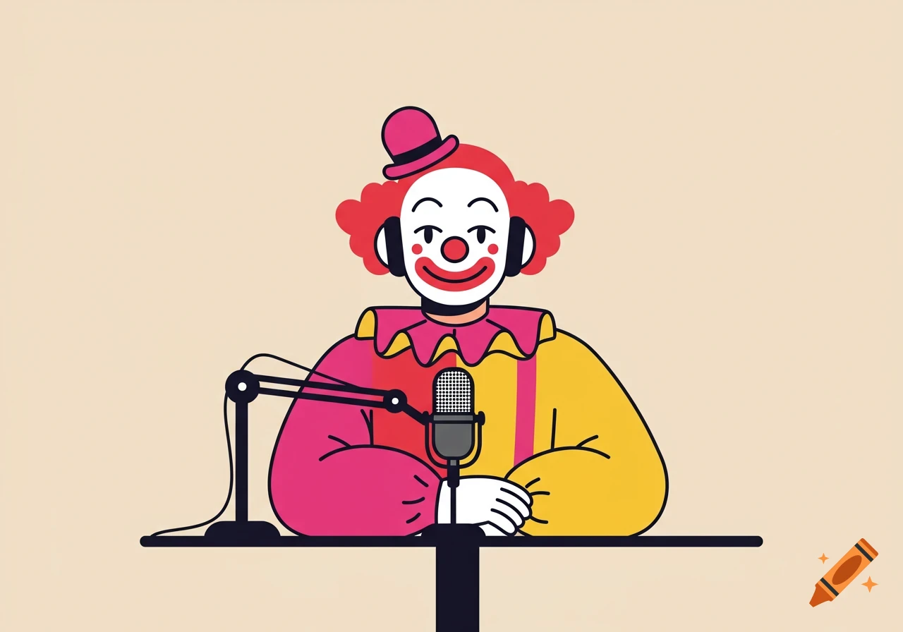 A colorful cartoon clown with red curly hair and a pink hat, wearing a pink and yellow suit, sitting behind a table with a podcast microphone.