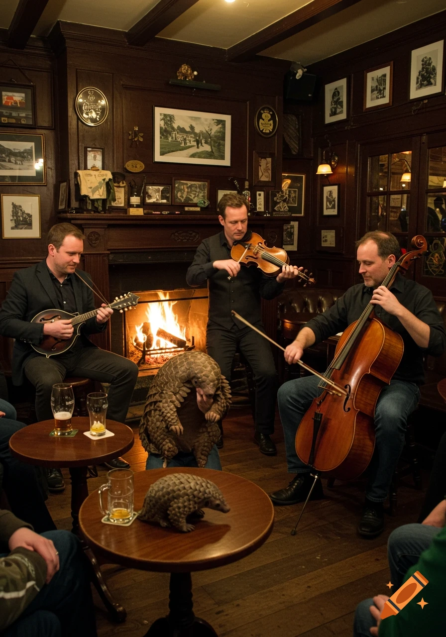 Musicians play instruments in a warm Irish bar, one humorously holding a pangolin, with another pangolin figurine on a table.