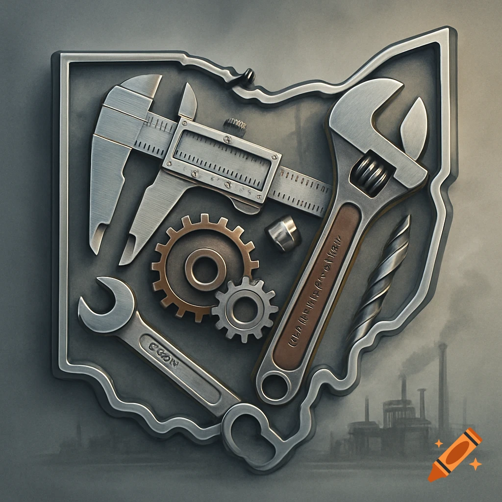 Metallic machinist tools including calipers, wrenches, and gears within the silver outline of Ohio, with an industrial background.