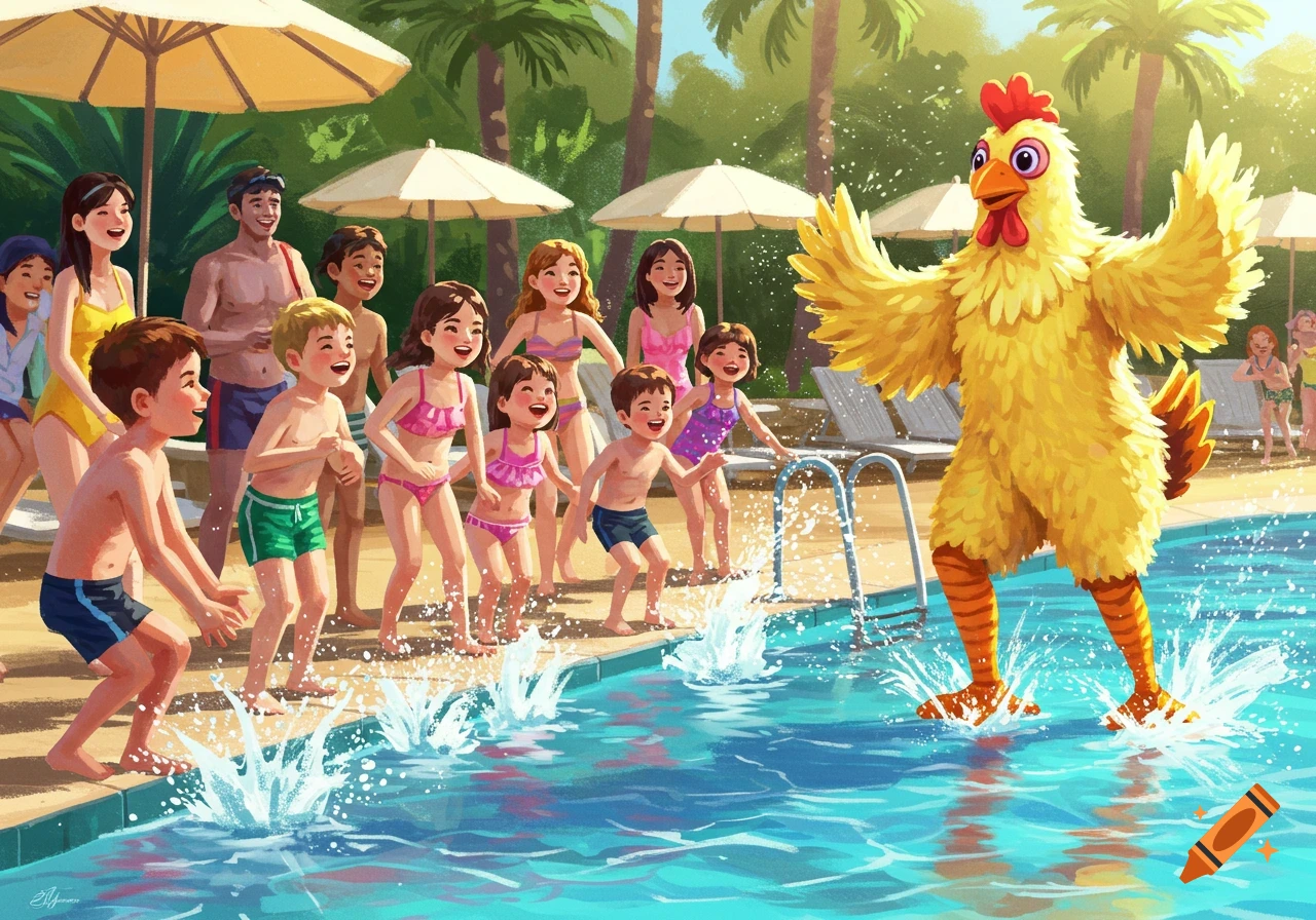 Children and adults laugh and splash at a sunny swimming pool with a person in a large yellow chicken costume.