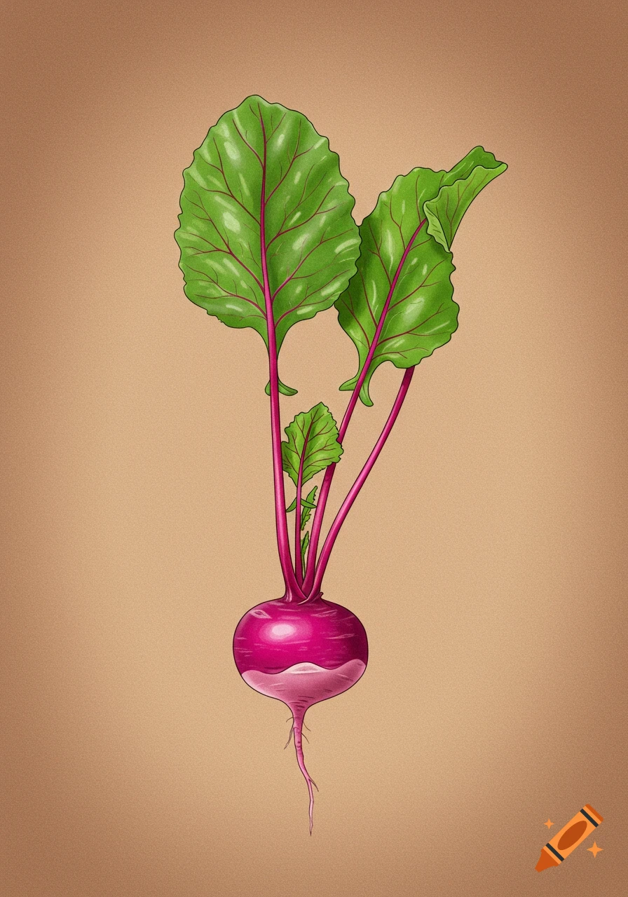 An illustration of a vibrant magenta beet with reddish stems and green leaves against a light brown background.