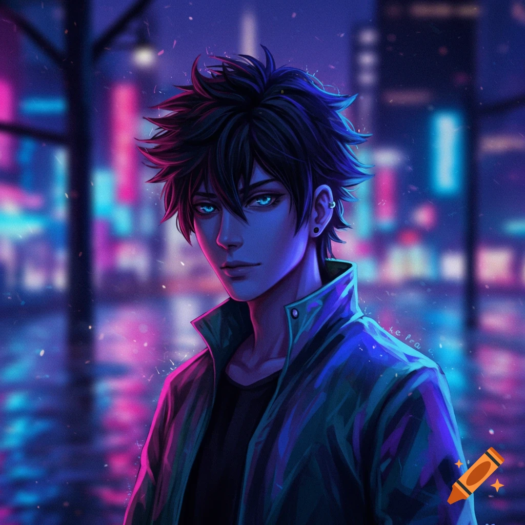 Anime boy with spiky dark hair and glowing blue eyes, wearing a jacket, in a neon-lit city at night.