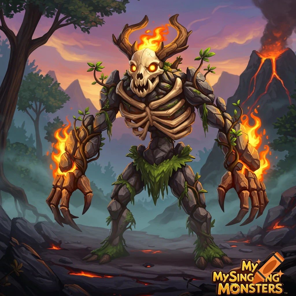 A stylized rock and bone monster with fiery hands, glowing eyes, and plant tendrils in a volcanic landscape.