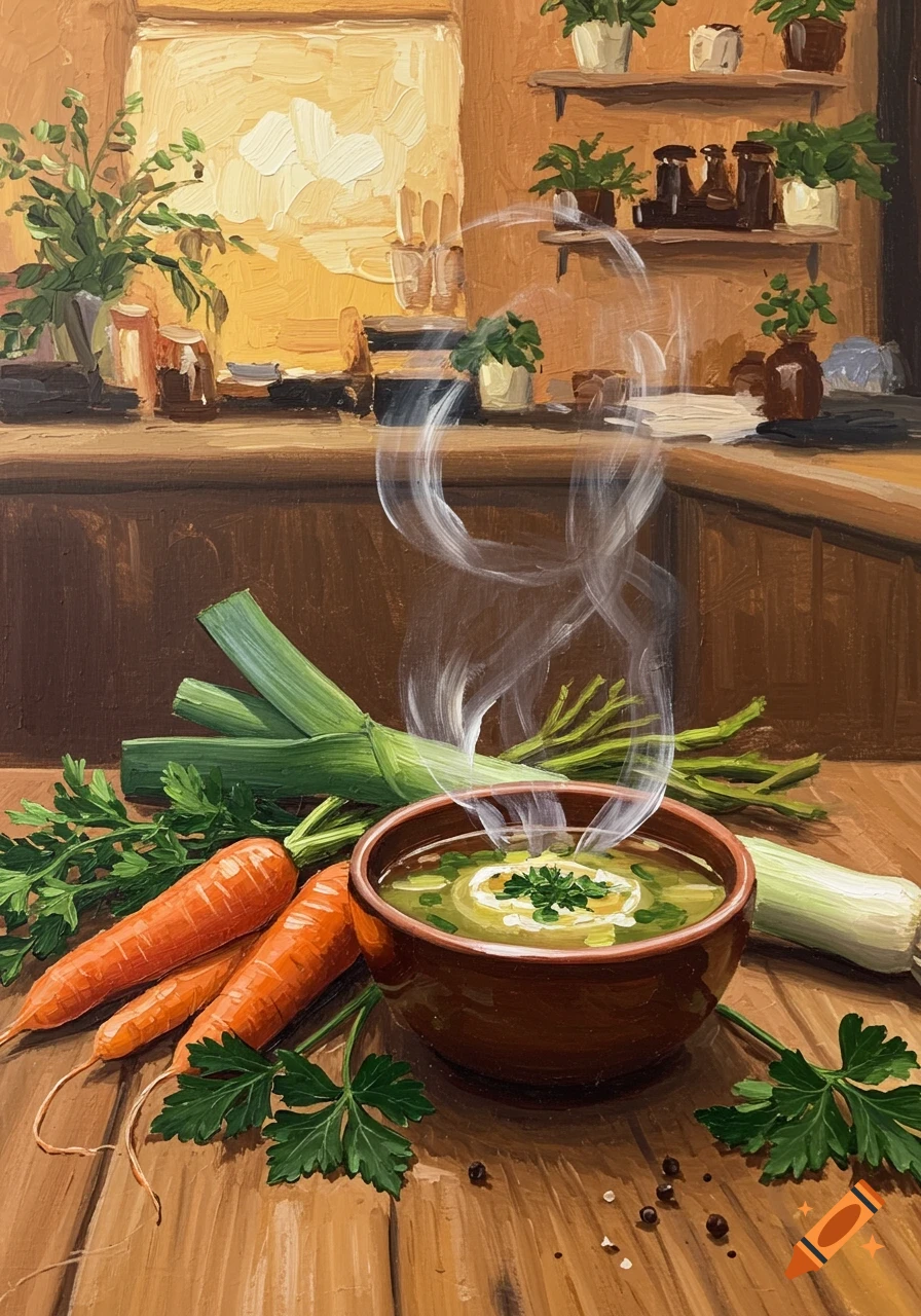 Oil painting of a steaming bowl of vegetable soup, surrounded by fresh carrots, leeks, and parsley on a wooden table in a warm kitchen.
