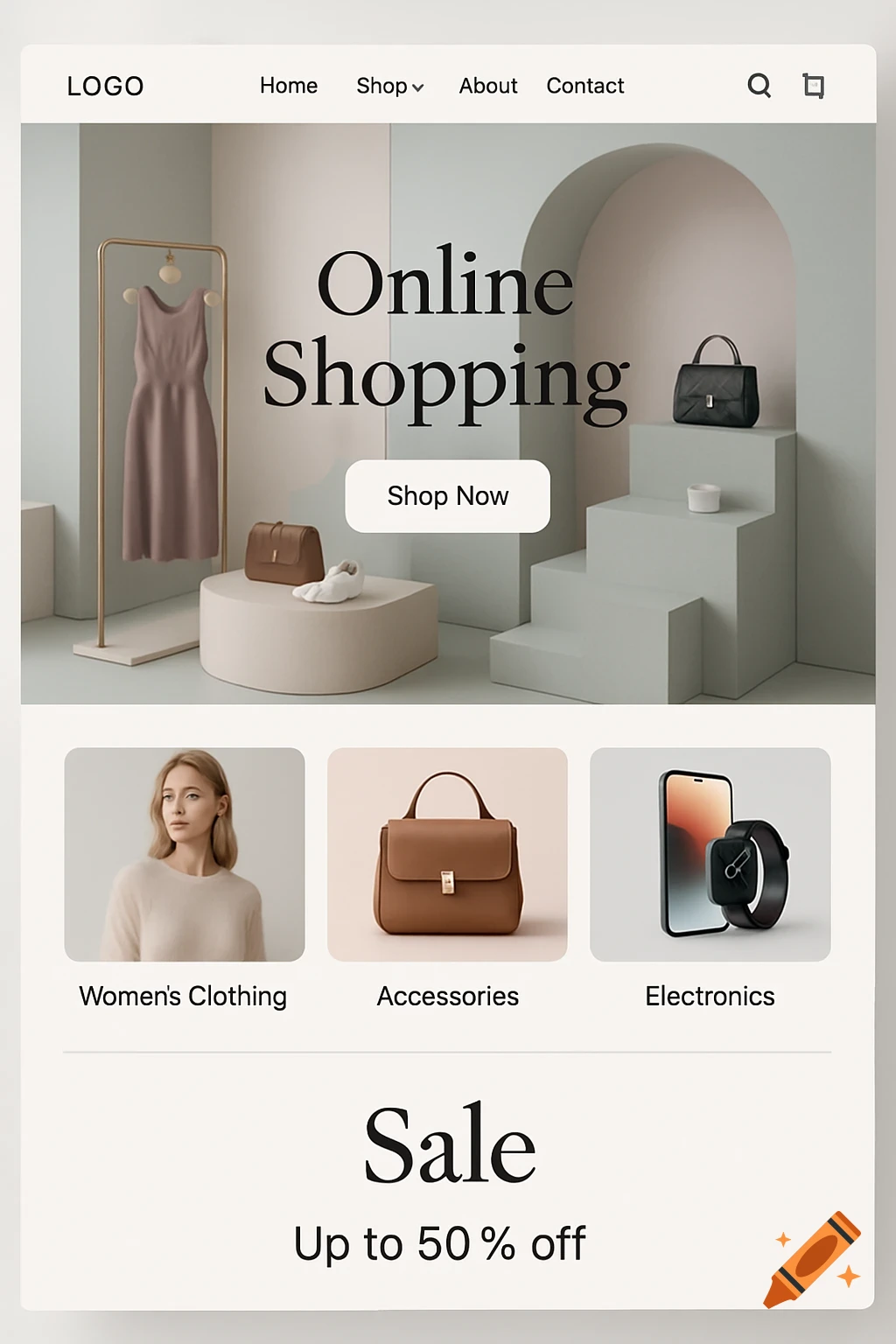 A clean e-commerce website design with a header, banner for 'Online Shopping', product categories for 'Women's Clothing', 'Accessories', and 'Electronics', and a 'Sale' section.