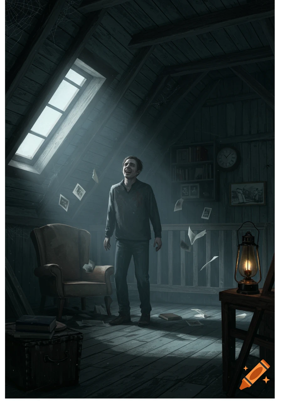 A man with a manic expression in a dark, dusty attic, papers floating around him in a shaft of light.