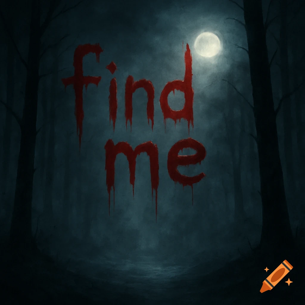 Stylized horror art of blood-red text 'find me' in a dark, misty forest under a full moon.