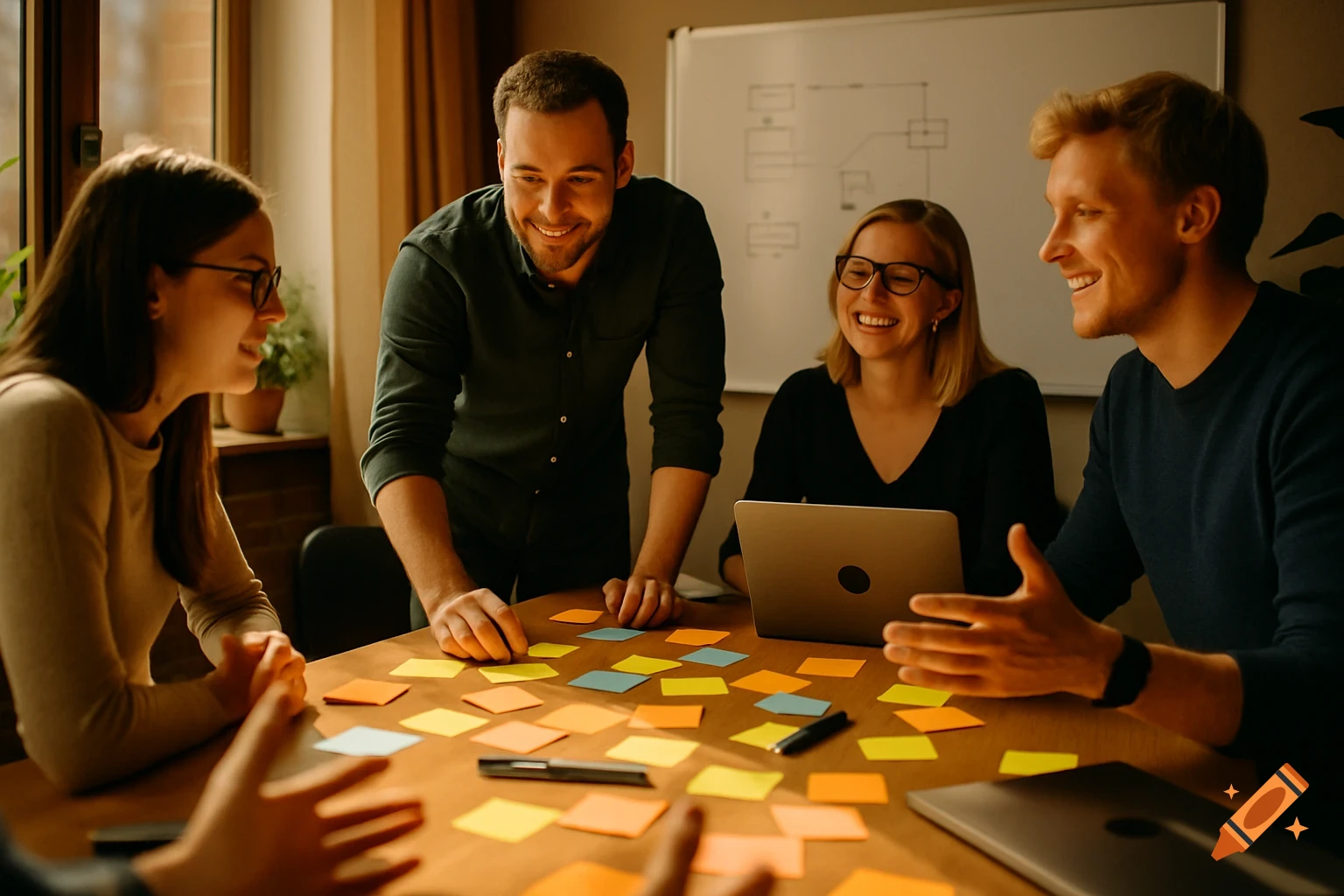 Four colleagues collaborate around a table filled with colorful sticky notes and a laptop in a bright office.