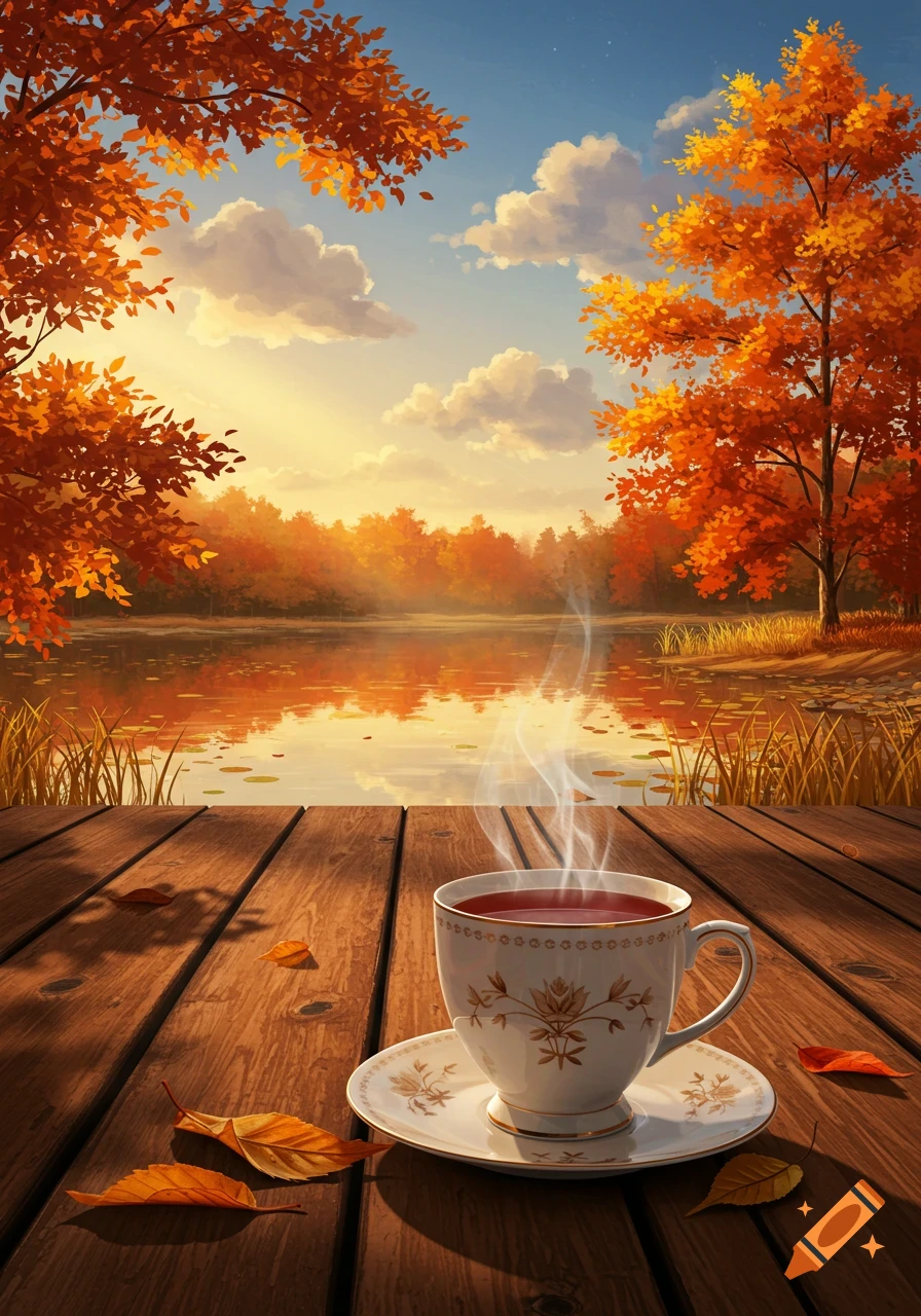 A steaming cup of tea sits on a wooden deck overlooking a serene lake surrounded by vibrant orange autumn trees under a sunny sky.