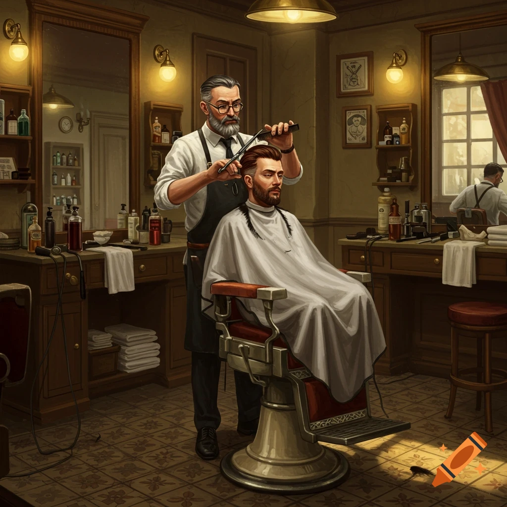 A detailed illustration of a male barber with a beard cutting a customer's hair in a traditional barbershop.