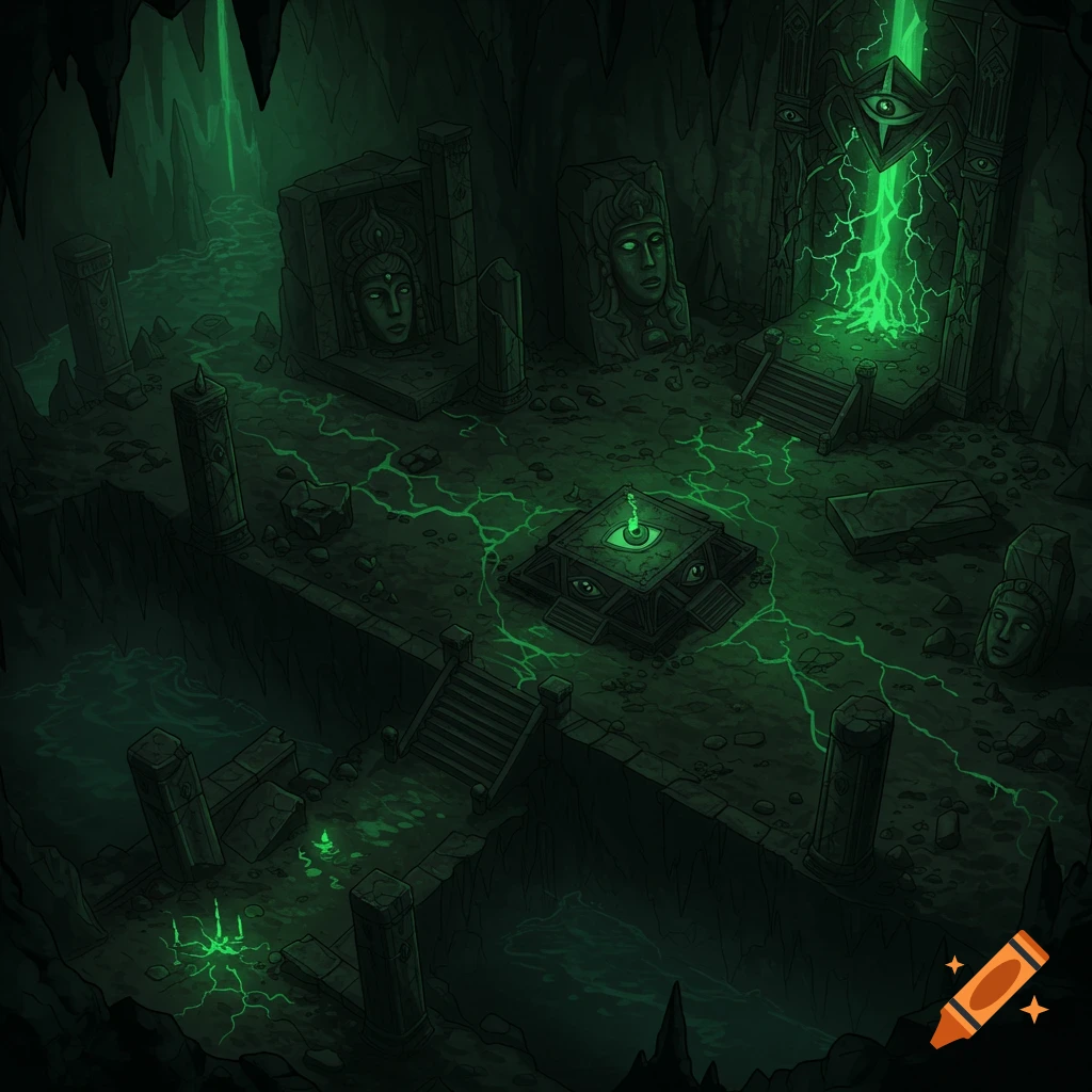Isometric illustration of a dark, flooded subterranean cavern with ancient ruins, eye-carved altars, and glowing green energy.