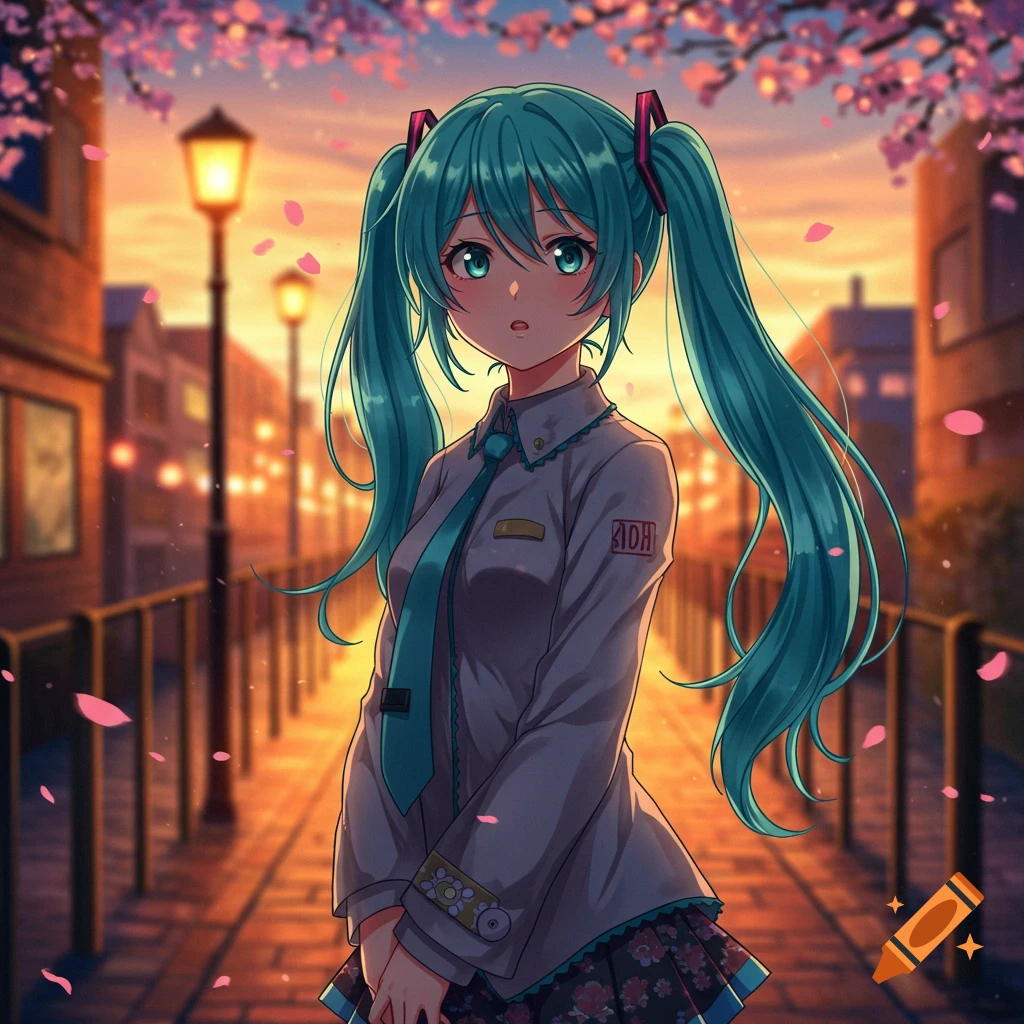 An anime girl with teal pigtails in a school uniform stands on a cherry blossom-lined street at sunset, looking slightly surprised.