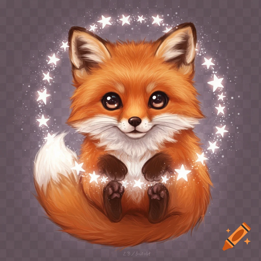 A cute, fluffy orange fox with big eyes, sitting with glowing white stars forming a halo around its head. Digital art.