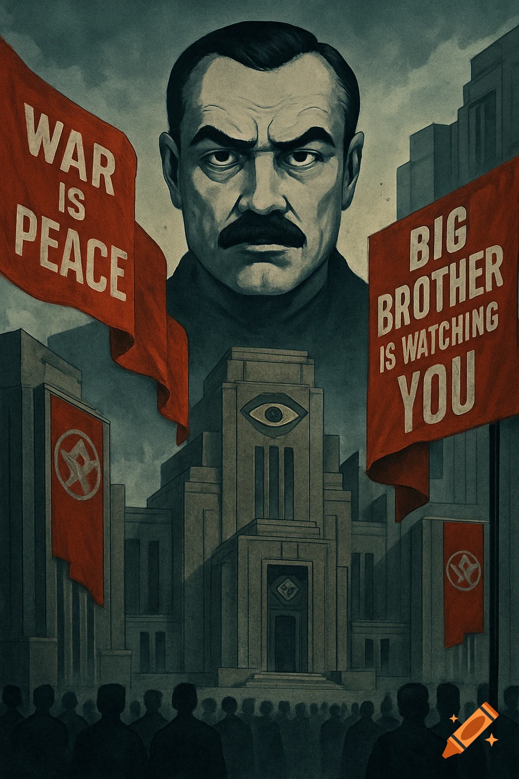 A vintage style propaganda poster for Orwell's 1984, featuring a stern Big Brother figure above slogans and a crowd.