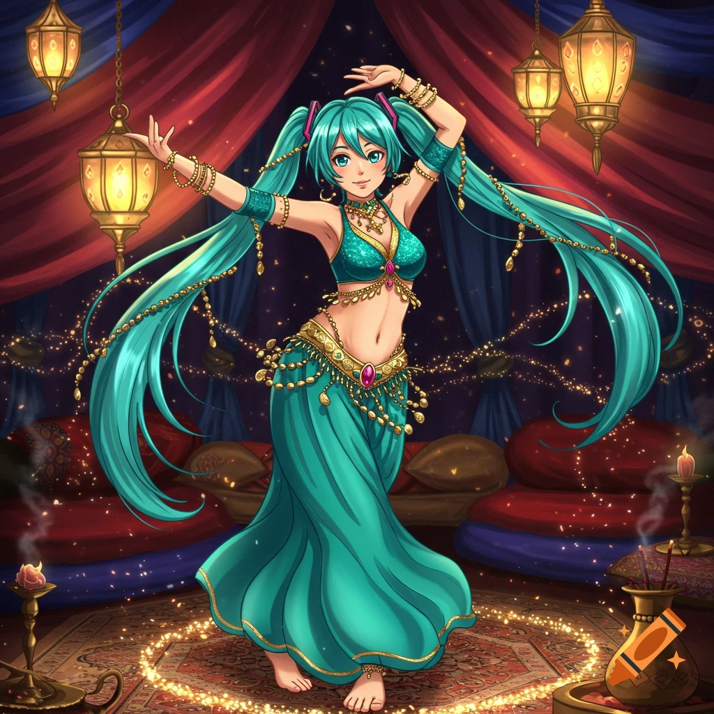 Anime Hatsune Miku as a belly dancer in a vibrant teal outfit, dancing in a jewel-toned tent with glowing lanterns.