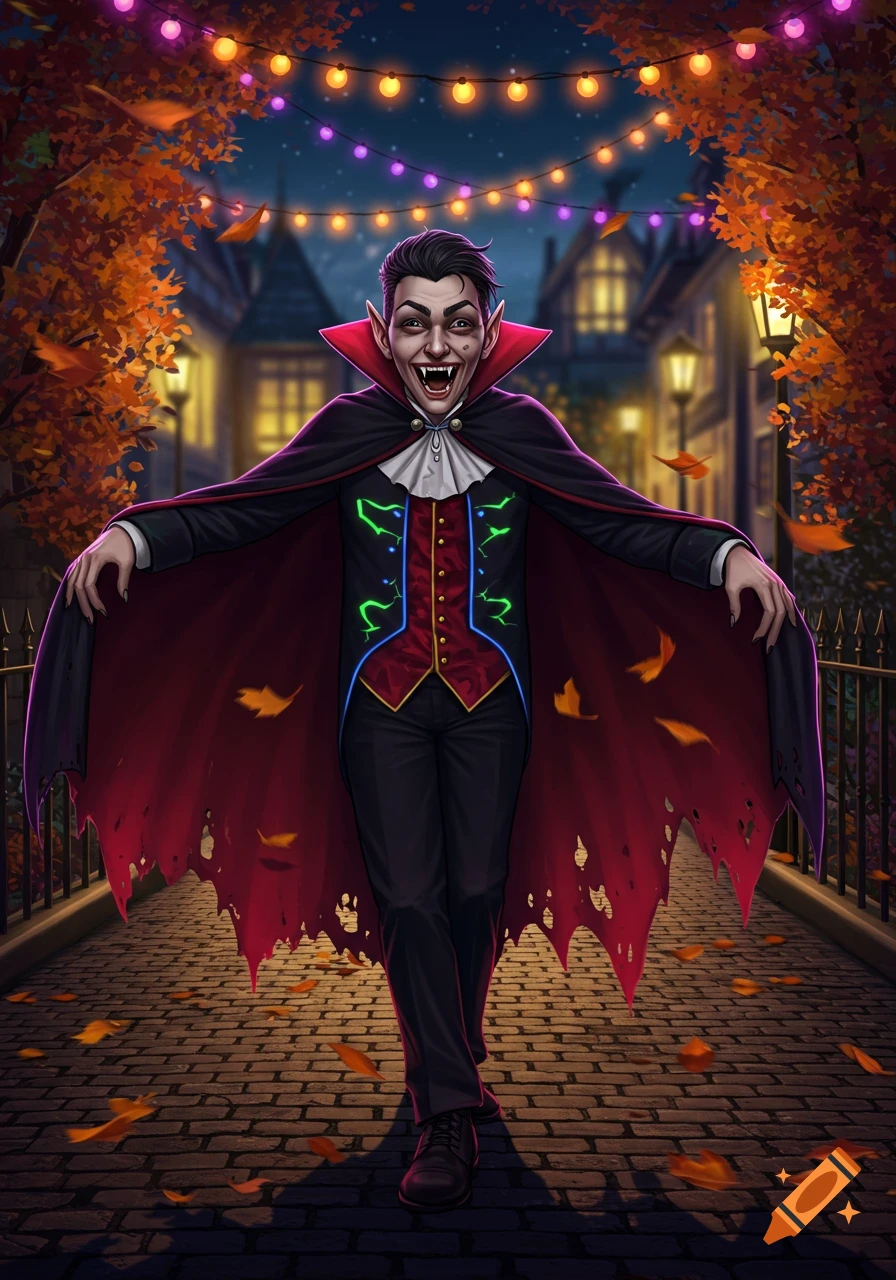 An illustrative cartoon vampire in a black and red cape walks down a cobblestone street at night, with autumn leaves and string lights.