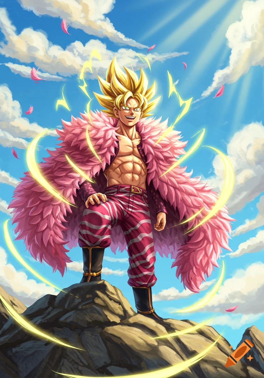 Anime illustration of Super Saiyan Goku in a pink feathered coat and striped pants, standing heroically on a rock under a bright sky.
