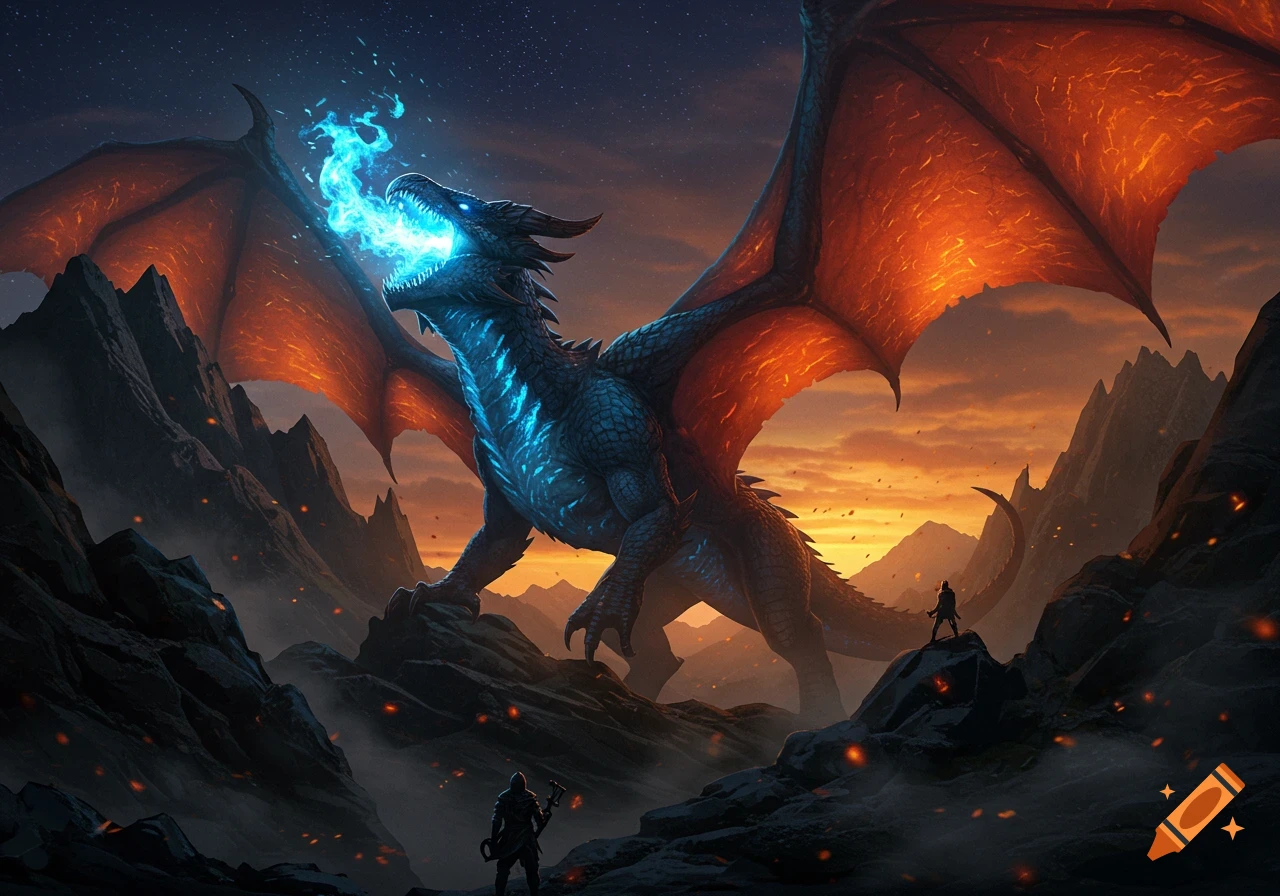 A massive blue dragon with fiery orange wings breathes blue fire over a ...
