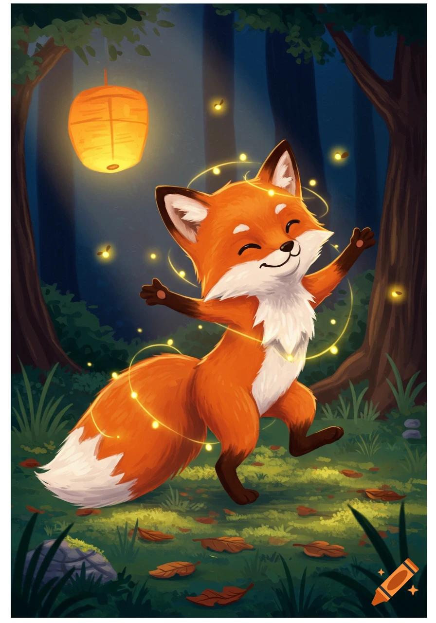 A cute, happy fox dances in a dark forest lit by a glowing lantern and fireflies, in a cartoon illustration style.