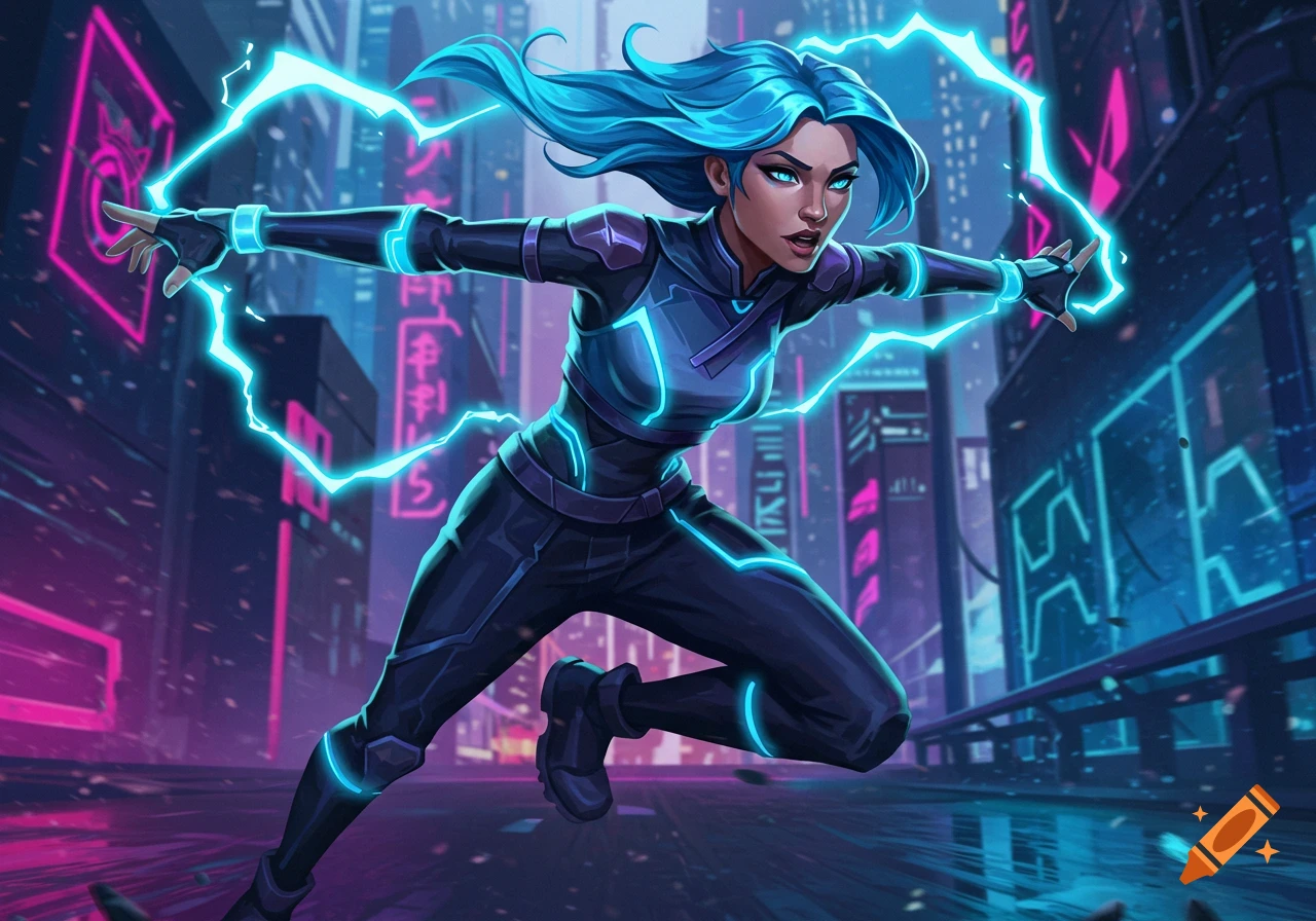 A stylized female character with blue hair and glowing eyes wields electric powers in a neon-lit cyberpunk city.