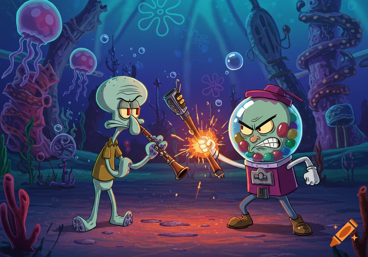 Squidward Tentacles plays a clarinet while confronting an angry Benson Dunwoody holding a sparking weapon underwater, in a vibrant cartoon style.