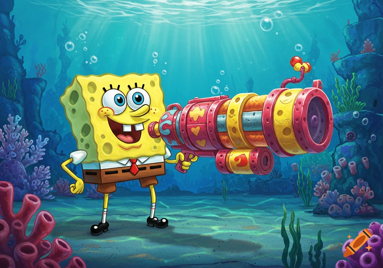 SpongeBob SquarePants happily holds a large, colorful toy blaster while standing on the ocean floor surrounded by coral.