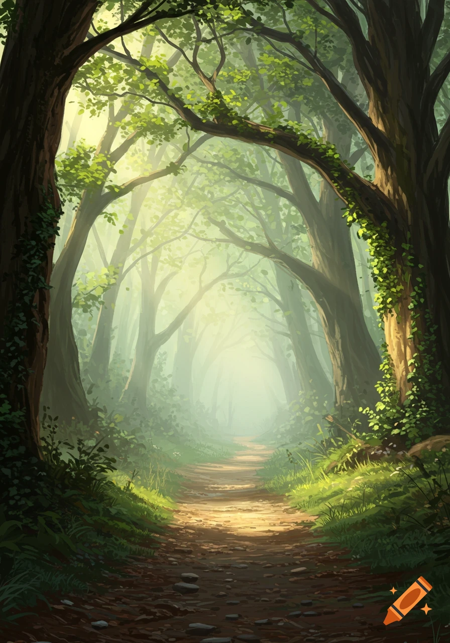 A sunlit forest path winds through a dense, lush green forest with tall ...