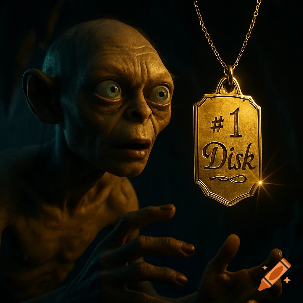 Gollum from Lord of the Rings stares intently at a gold tag reading '#1 Disk' hanging on a chain.