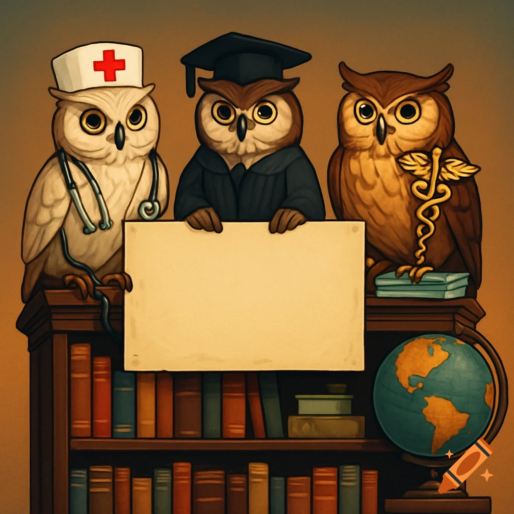 Three cartoon owls, one as a nurse, one as a graduate, and one with a caduceus, holding a blank sign on a bookshelf with a globe.
