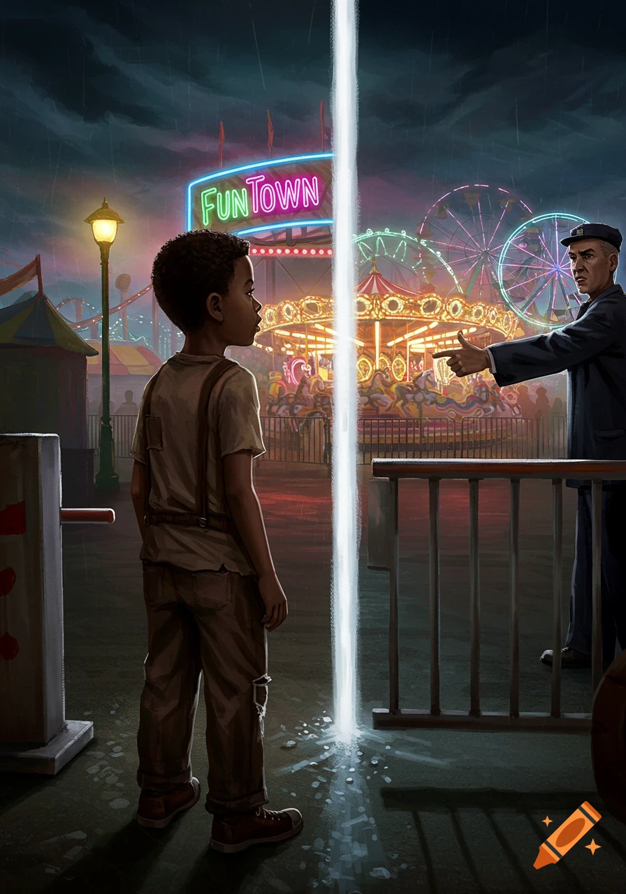 A young Black boy in overalls stands at a dark carnival entrance, looking towards the bright "FUN TOWN" sign and carousel, as a stern man gestures him away.