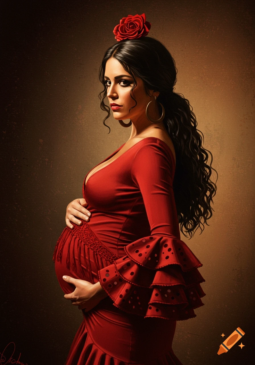 An oil painting of a pregnant Spanish woman in a red flamenco dress, with a rose in her dark curly hair, looking at the viewer in side profile.