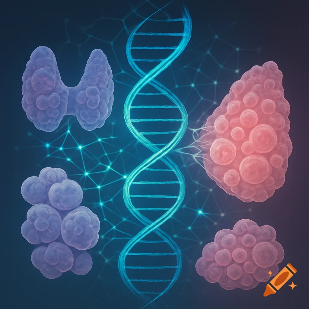 Abstract scientific illustration of a glowing blue DNA helix, a purple thyroid gland, and red cancerous cell clusters, against a dark background with a neural network.