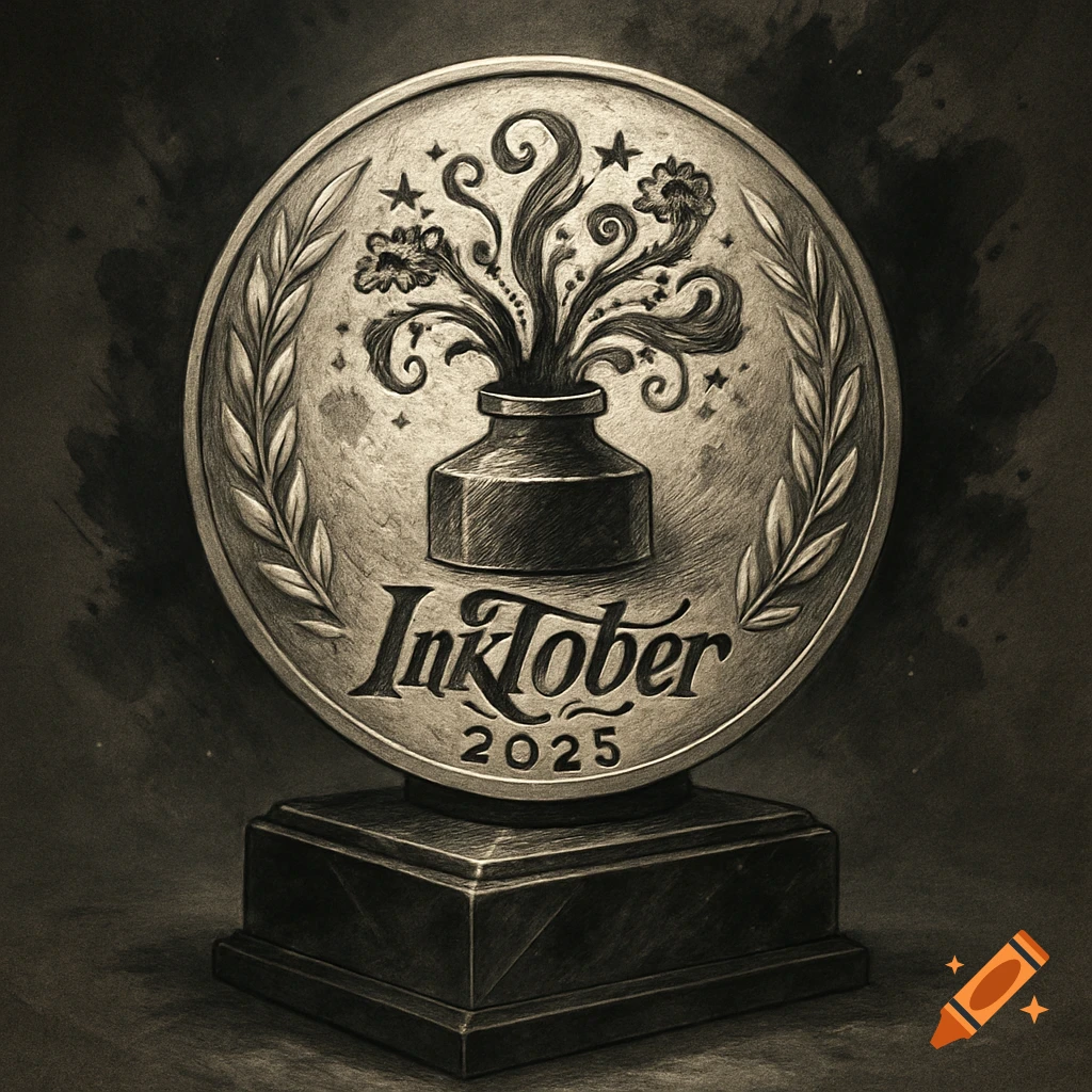 A metallic award trophy featuring an inkwell with decorative ink swirls, stars, and the text "Inktober 2025".