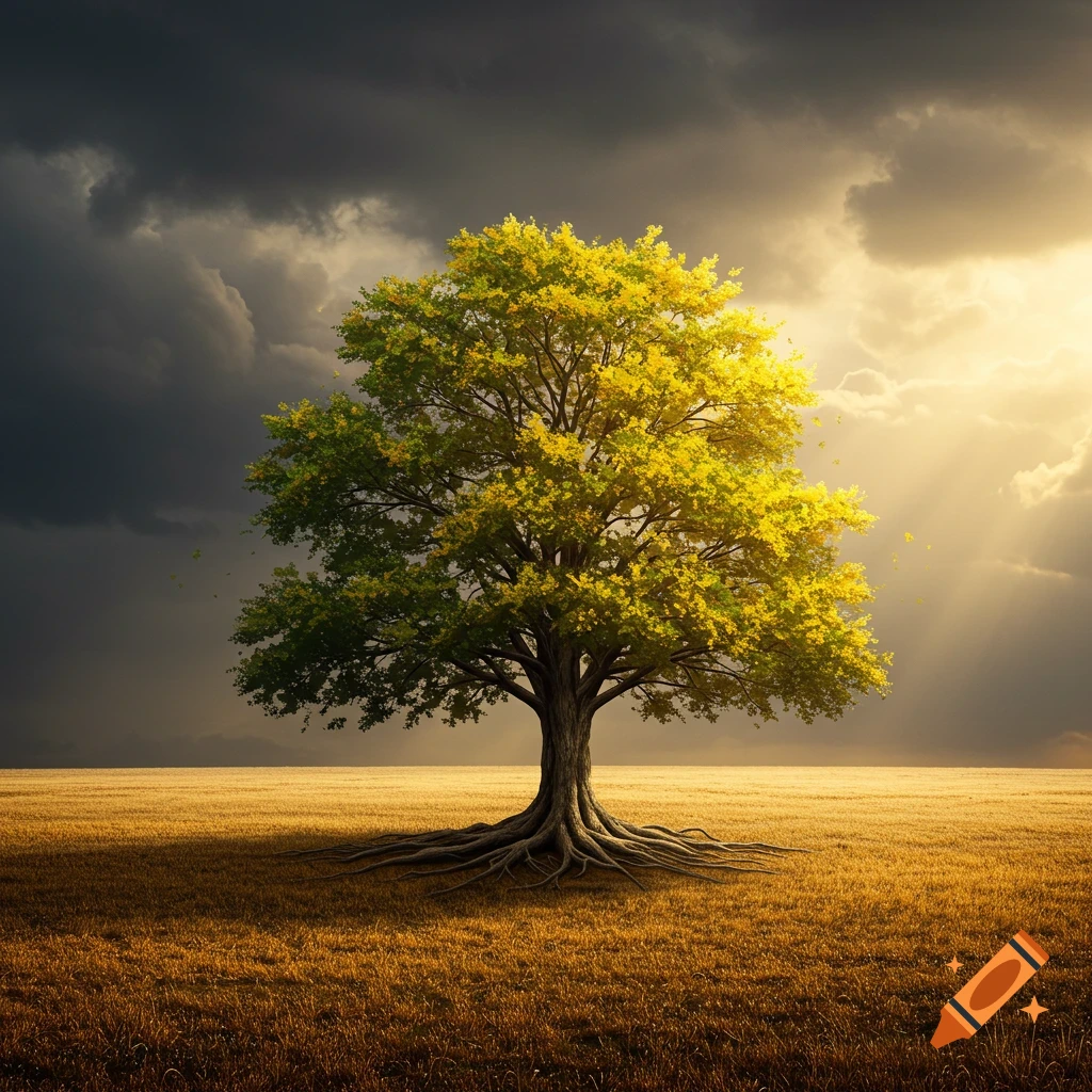 A vibrant tree with exposed roots in a golden field under a dramatic sky with dark clouds and sunbeams.