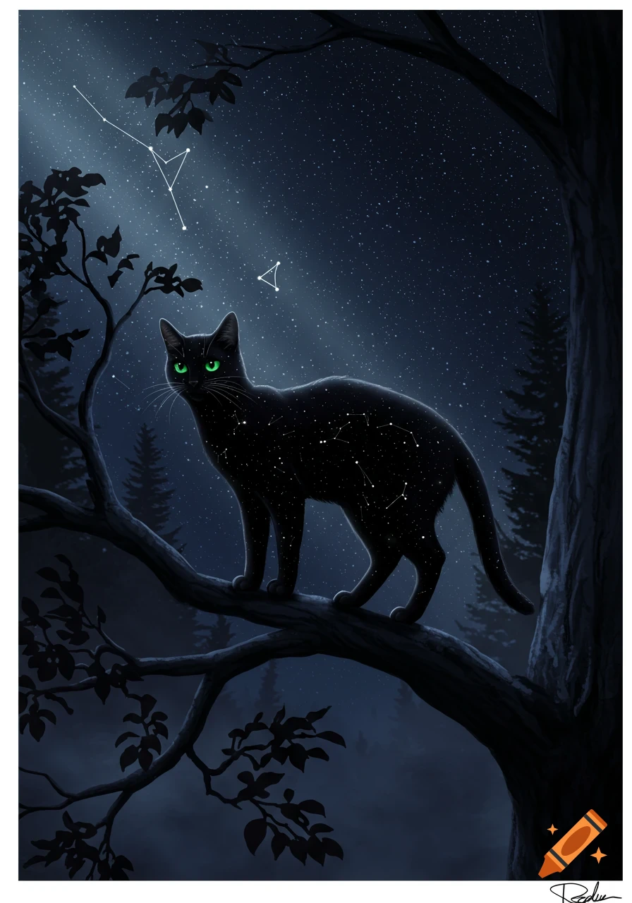 Fantasy illustration of a black cat covered in stars sitting on a tree branch under a starry night sky.