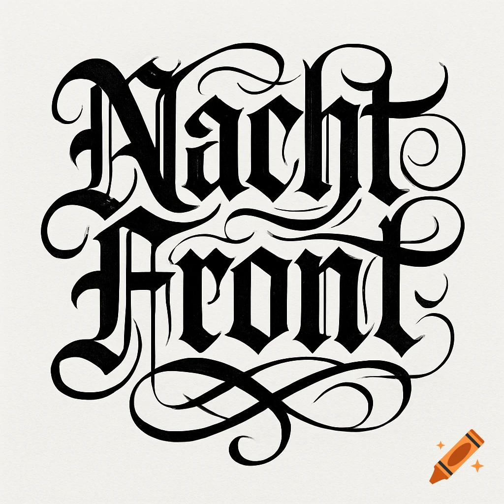 Stylized gothic blackletter calligraphy of 'Nacht Front' intertwined with decorative flourishes.