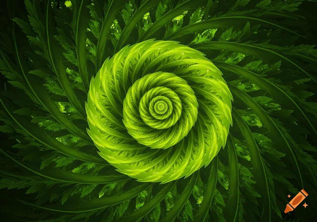 A vibrant green fractal spiral with fern-like textures, fading from bright lime green in the center to dark forest green at the edges.